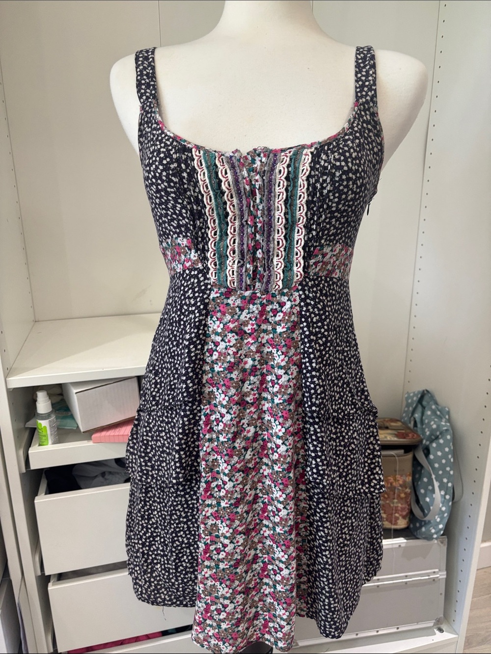 Lulumari Black Dress with Pink Floral Panels